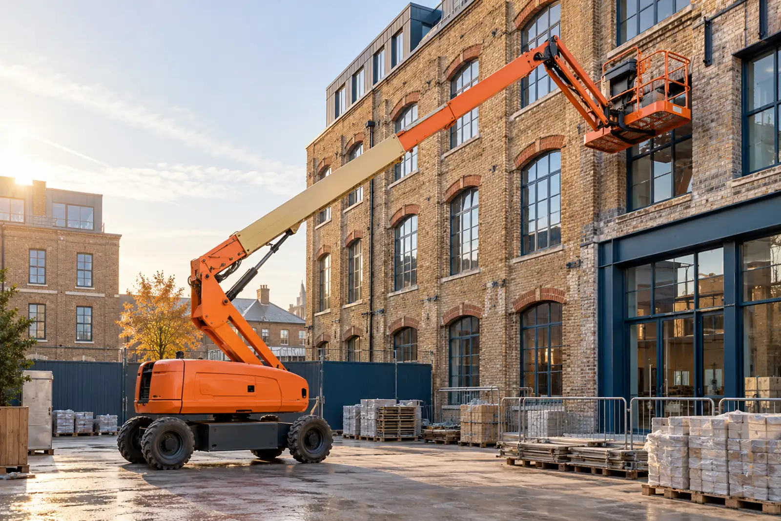 Articulated cherry picker beside a London commercial brick building